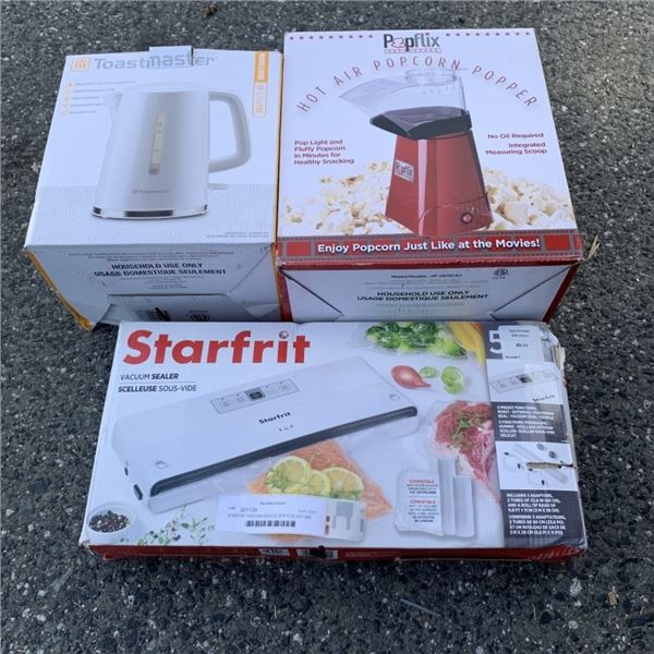 STAR FRIT VACUUM SEALER, POP FLIX HOT AIR POPCORN POPPER AND TOASTMASTER ELECTRIC KETTLE