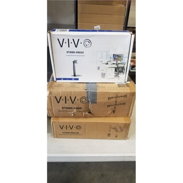 VIVO QUAD MONITOR DESK MOUNT, VIVO LAPTOP TRAY AND DESK MOUNT, AND SINGLE MONITOR DESK STAND