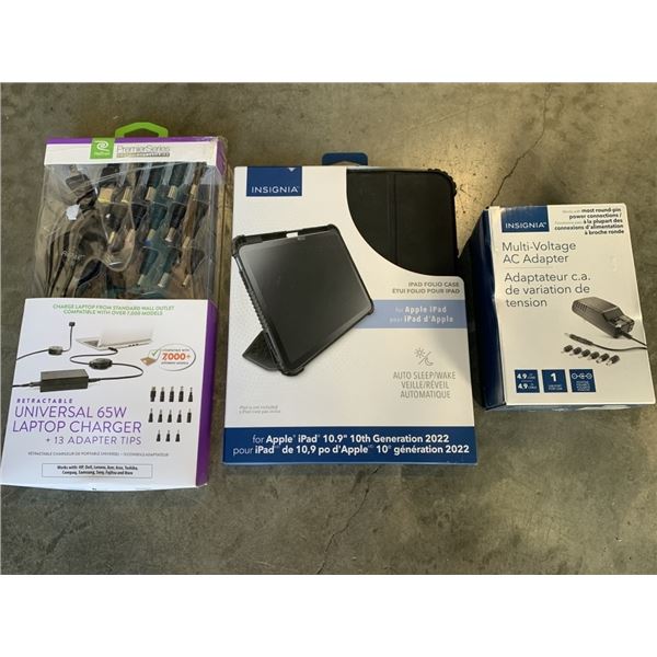 RETRACTABLE UNIVERSAL LAPTOP CHARGER, INSIGNIA IPAD FOLIO CASE AND MULTI VOLTAGE AC ADAPTER