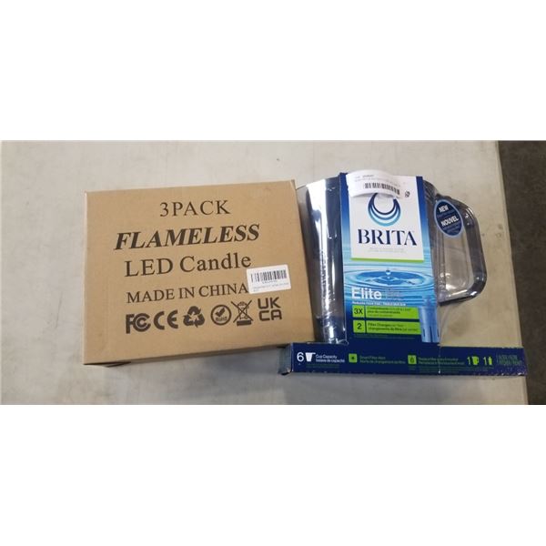 NEW BRITA WATER FILTER JUG, AND 3 PACK OF LED FLAMELESS CANDLES