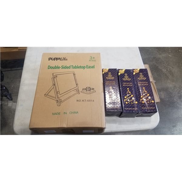 NEW DOUBLE SIDED TABLETOP EASEL AND 3 TIGER'S EYE TREES