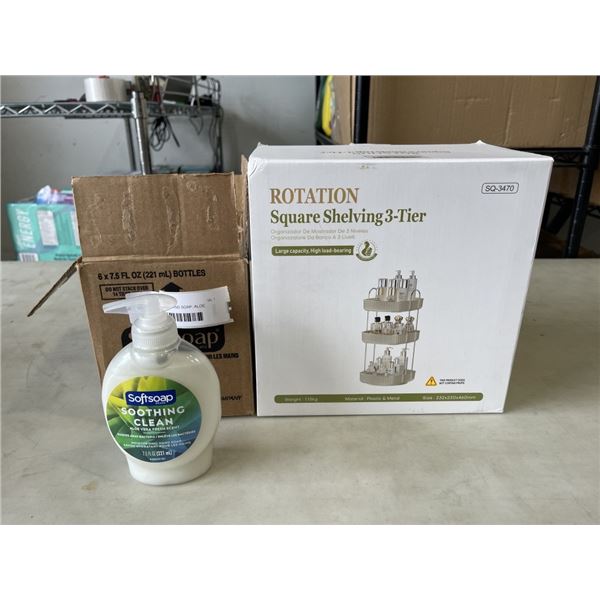CASE OF SOFTSOAP HAND SOAP, ALOE VERA SCENT AND ROTATING THREE TIER SHELF