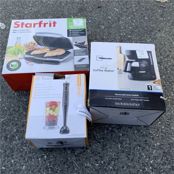 STAR FRIT GRILL IN PANINI PRESS, COFFEE MAKER AND TOASTMASTER IMMERSION BLENDER