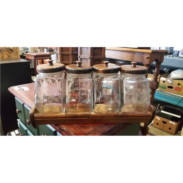 SET OF FOUR GLASS CANISTER SET WITH RACK