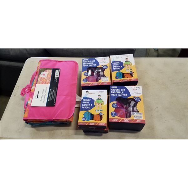 2 NEW BEACH BLANKETS WITH EXERCISE BANDS AND JUMP AROUND SET