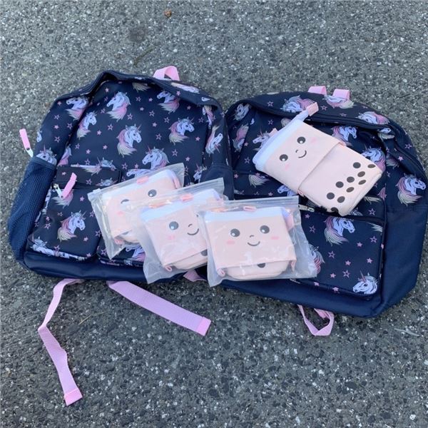 TWO NEW UNICORN BACKPACKS AND FOUR NEW EXTENDABLE PENCIL CASES