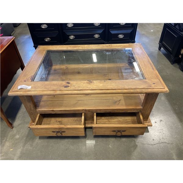 RUSTIC PINE COFFEE TABLE WITH GLASS TOP