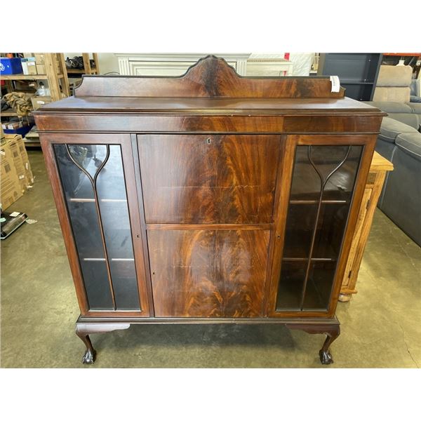 ANTIQUE SERVER WITH GLASS DOORS, DROP DOWN STORAGE AND KEYS