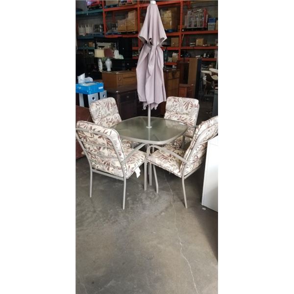 PATIO SET WITH GLASSTOP TABLE, UNBRELLA AND FOUR CHAIRS