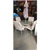 Image 1 : PATIO SET WITH GLASSTOP TABLE, UNBRELLA AND FOUR CHAIRS