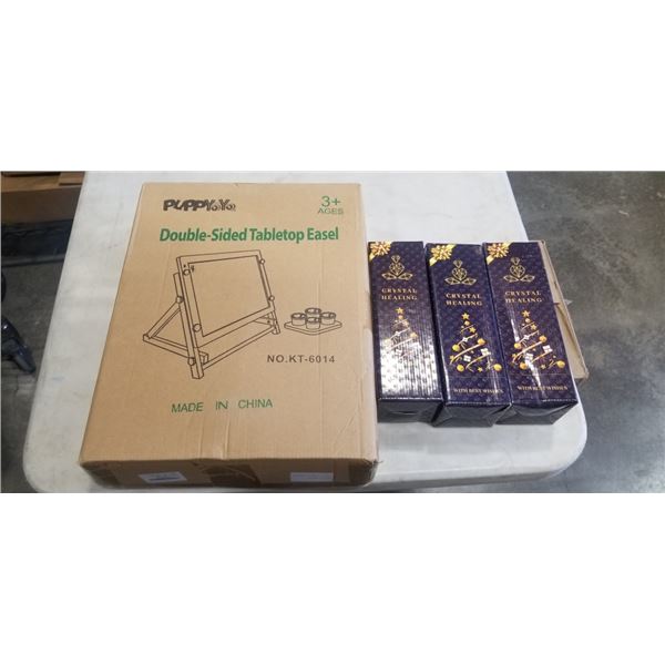 NEW DOUBLE SIDED TABLETOP EASEL AND 3 TIGER'S EYE TREES