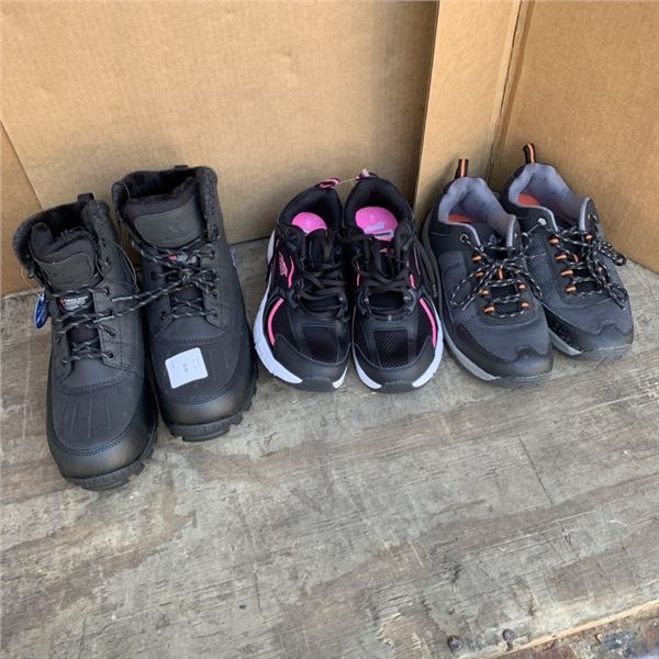THREE PAIRS OF NEW SIZE 9 FOOTWEAR RUNNING SHOES AND BOOTS RETAIL $120+