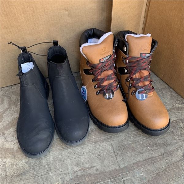 TWO NEW PAIRS OF SIZE 11 WATERPROOF THINSULATE BOOTS AND GEORGE MEMORY FOAM SLIP-ON BOOTS RETAIL $12