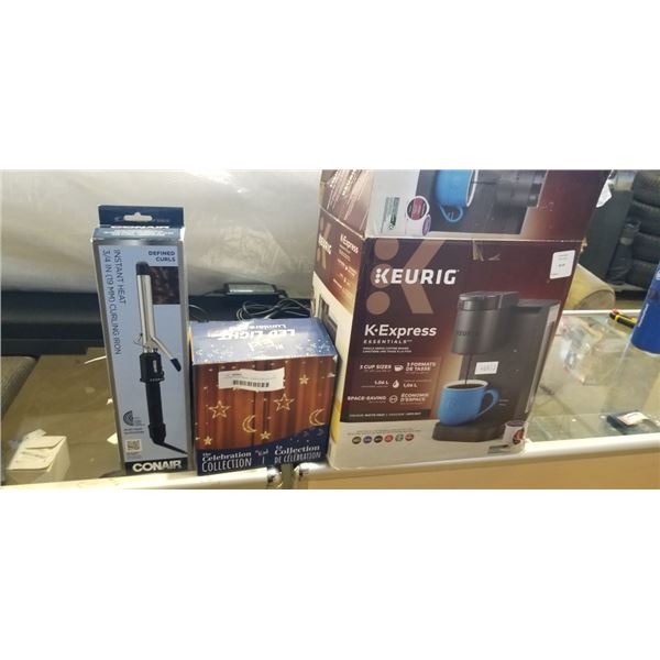 KUERIG K EXPRESS, CONAIR CURLING IRON AND LED LIGHTS