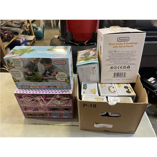 BOX OF NEW PLUSH TOYS AND PRINCESS ACCESSORIES
