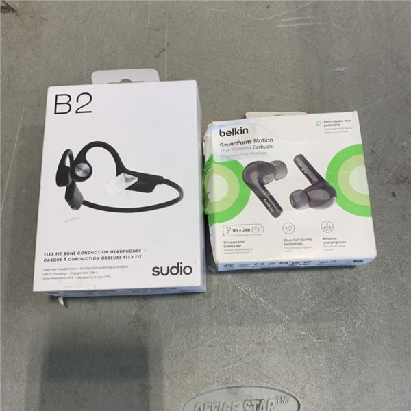 SUDIO FLEX FIT BONE CONDUCTION HEADPHONES AND BELKIN SOUNDFORM MOTION TRUE WIRELESS EAR BUDS