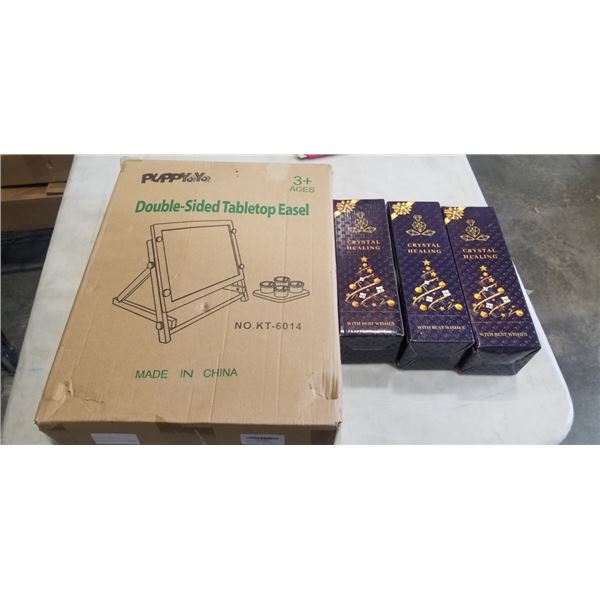 NEW DOUBLE SIDED TABLETOP EASEL AND 3 TIGER'S EYE TREES