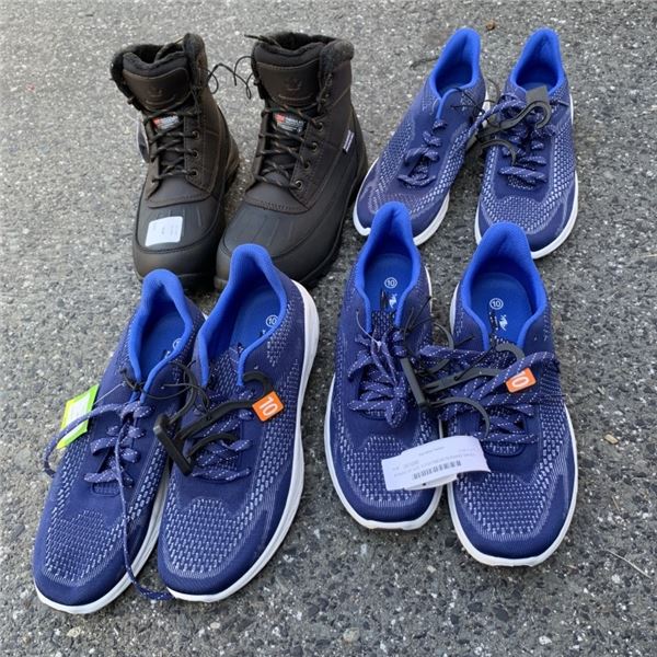 4 PAIRS OF SIZE 10 FOOTWEAR RUNNING SHOES AND WATERPROOF BOOTS