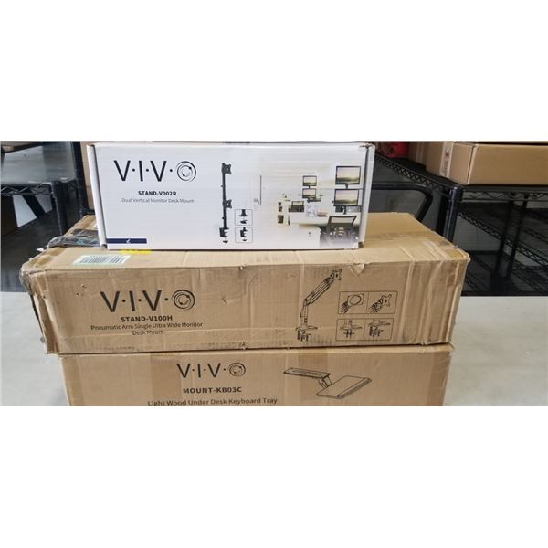 VIVO PNEUMATIC ARM SINGLE ULTRA WIDE MONITOR DESK MOUNT, VIVO DUAL VERTICAL MONITOR DESK MOUNT, AND 