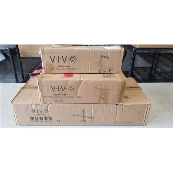 VIVO QUAD MONITOR DESK STAND, VIVO OFFICE CHAIR MOUNTED KEYBOARD TRAY, AND SINGLE MONITOR EXTRA TALL