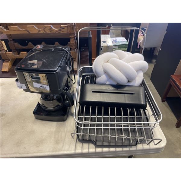 KITCHEN AID DRYING RACK, KNOT PILLOW  AND SUNBEAM COFFEE MAKER