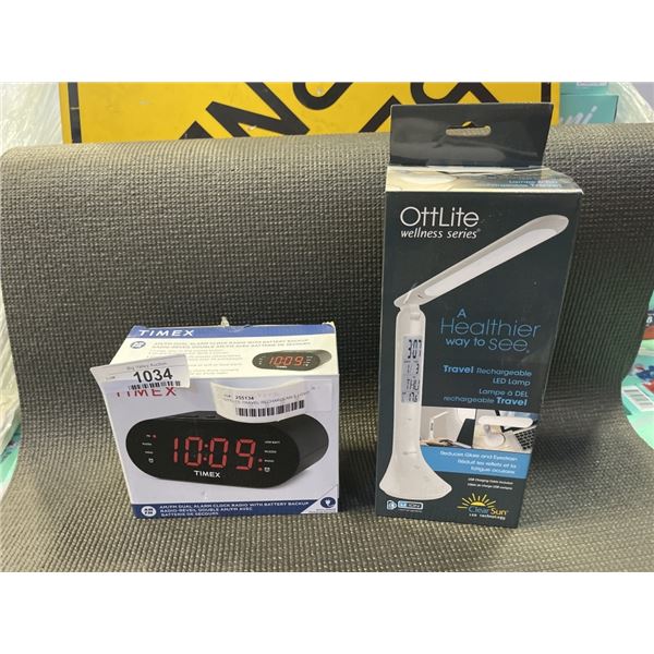 OTTLITE TRAVEL RECHARGEABLE LIGHT, AND TIMEX AM/FM DUAL ALARM CLOCK WITH BATTERY BACKUP