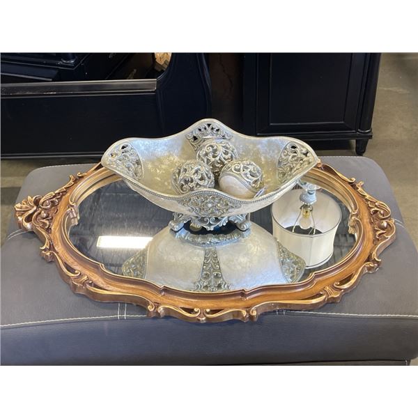 DECORATIVE CENTRE BOWL AND OVAL GOLD FRAMED MIRROR