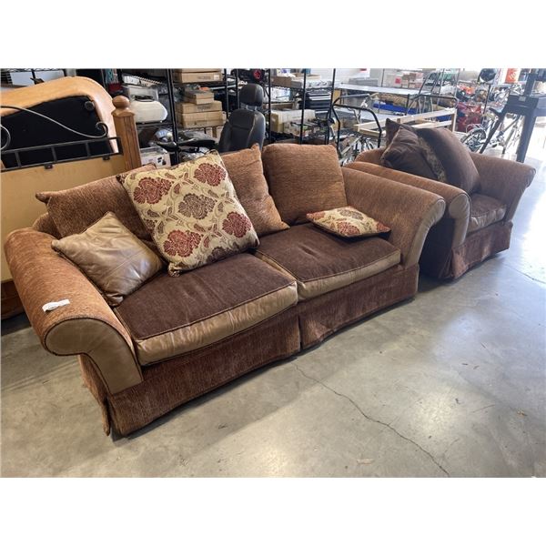 2 PC BROWN FASBRIC LEATHER ACCENT SOFA  AND CHAIR