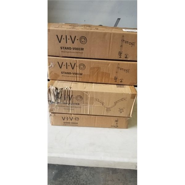 2 VIVO SINGLE MONITOR DESK MOUNTS, VIVO PNEUMATIC ARM DUAL MONITOR DESK MOUNT, AND SINGLE MONITOR DE