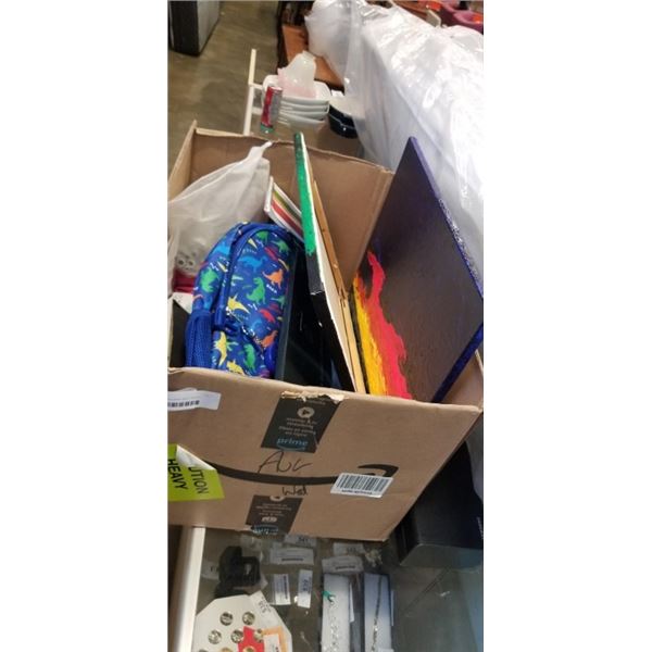 BOX OF ASSORTED NEW AND LIGHTLY USED HOUSEHOLD ITEMS, SCALE, WAFFLE MAKER, BACKPACK NEW TOWELS ETC