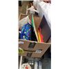 Image 1 : BOX OF ASSORTED NEW AND LIGHTLY USED HOUSEHOLD ITEMS, SCALE, WAFFLE MAKER, BACKPACK NEW TOWELS ETC