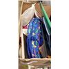 Image 2 : BOX OF ASSORTED NEW AND LIGHTLY USED HOUSEHOLD ITEMS, SCALE, WAFFLE MAKER, BACKPACK NEW TOWELS ETC