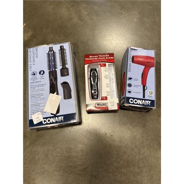 CONAIR FOLDABLE DRYER, HOT AIR BRUSH AND WAHL BEARD TRIMMER