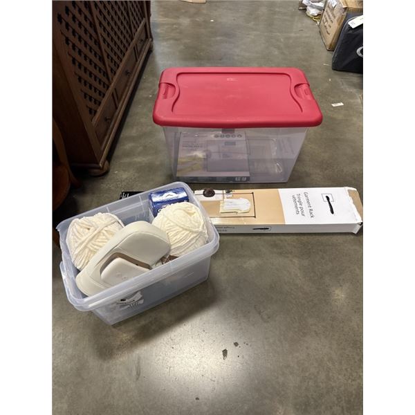 THREE PLASTIC BINS, SCALE, MASSAGER, GARMET RACK AND MORE
