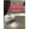 Image 1 : THREE PLASTIC BINS, SCALE, MASSAGER, GARMET RACK AND MORE