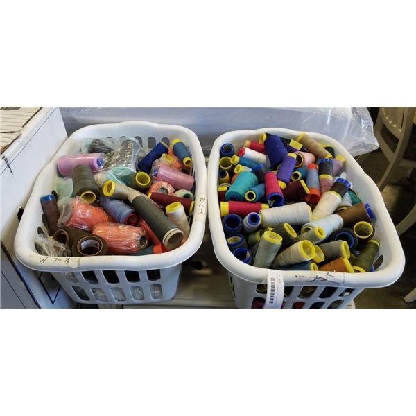 2 BASKETS OF SEWING THREAD SPOOLS