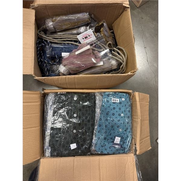 BOX OF NEW PAJAMAS AND CURTAIN TIES