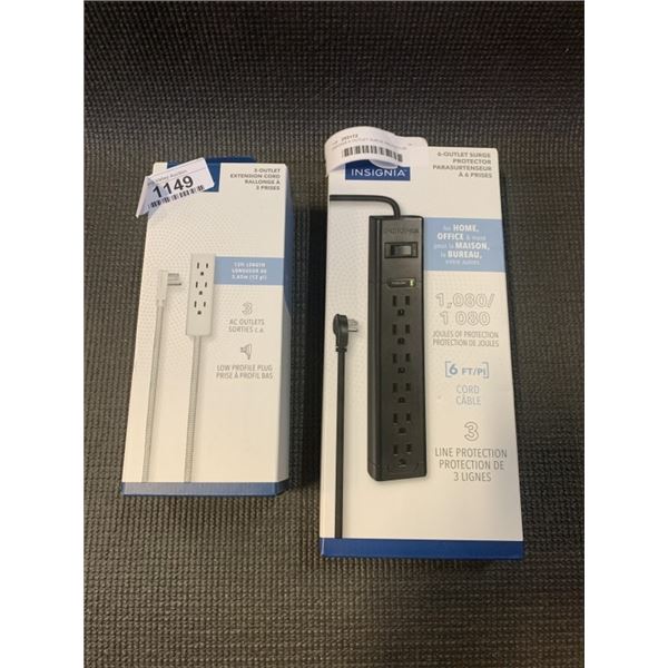 INSIGNIA 6 OUTLET SURGE PROTECTOR POWER BAR WITH 6FT CORD AND 12FT 3 OUTLET FLAT PLUG EXTENSION CORD