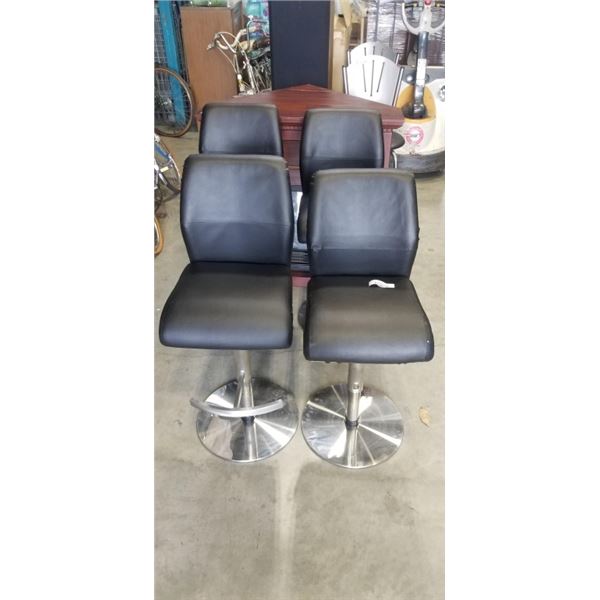 SET OF 4 BLACK BARSTOOLS, ADJUSTABLE HEIGHT, ONE HAS BEEN REPAIRED