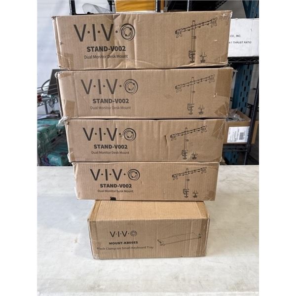 4 VIVO DUAL MONITOR DESK MOUNTS, AND VIVO KEYBOARD TRAY