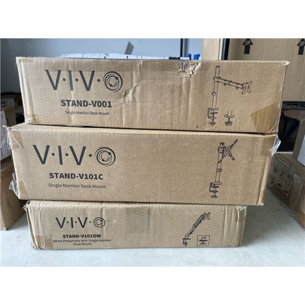 2 VIVO SINGLE MONITOR DESK MOUNTS, AND VIVO SINGLE MONITOR PNEUMATIC ARM MOUNT