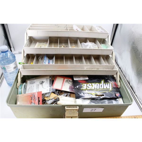 Large Plastic Tackle Box with Lines, Lures, Hooks.