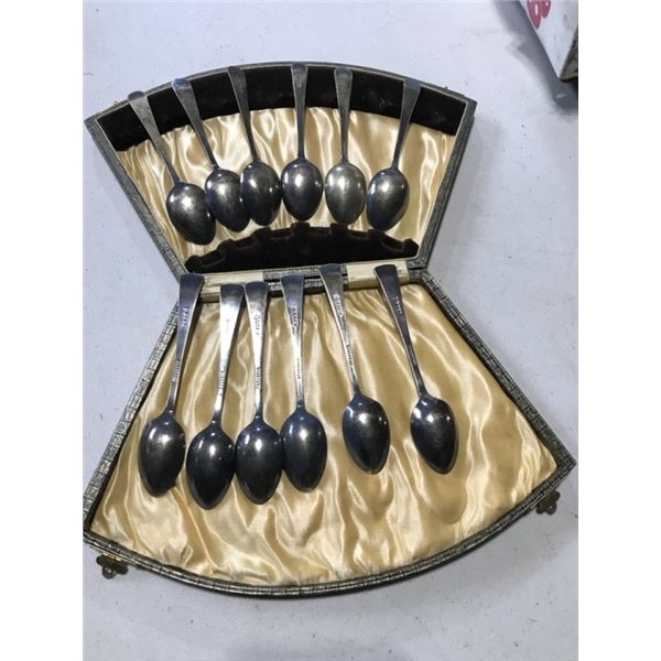 8 Antique Spoons in Case with Markings