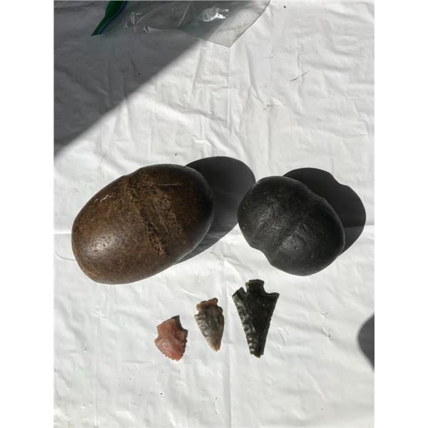 2 Stone Hammer Heads and 3 Arrow Heads