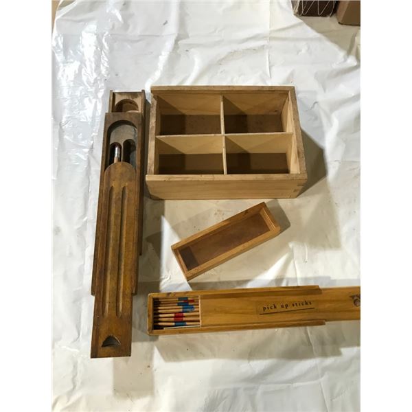 4 Small Wood Boxs - Pencil Box, Pickup Sticks, et.