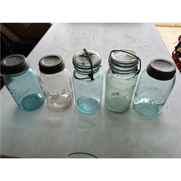 5 Antique Glass Jars with Original Lids