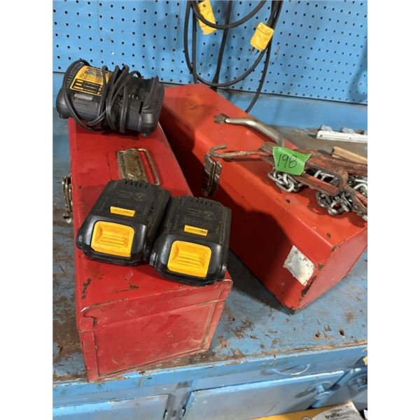 2 Red Metal Tool Boxes, Dewalt 20 V Charger and