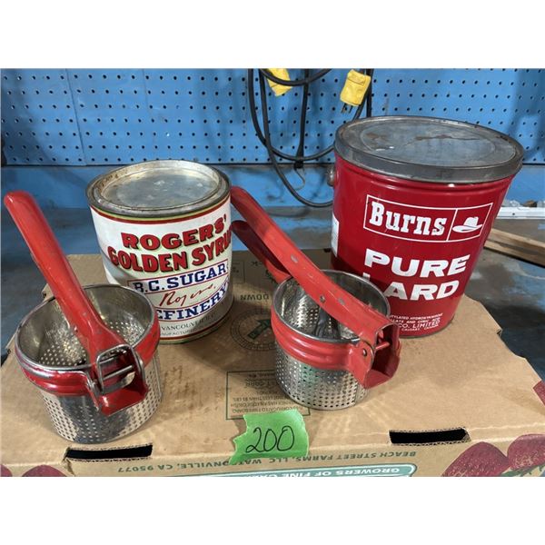 Laro and Syrup Pails with Lids and 2 Ricers