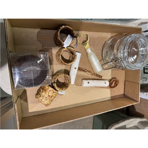 Jar bottle, openers, corkscrew, napkin, holders, etc.