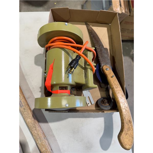 Grinder, handsaw, and other items